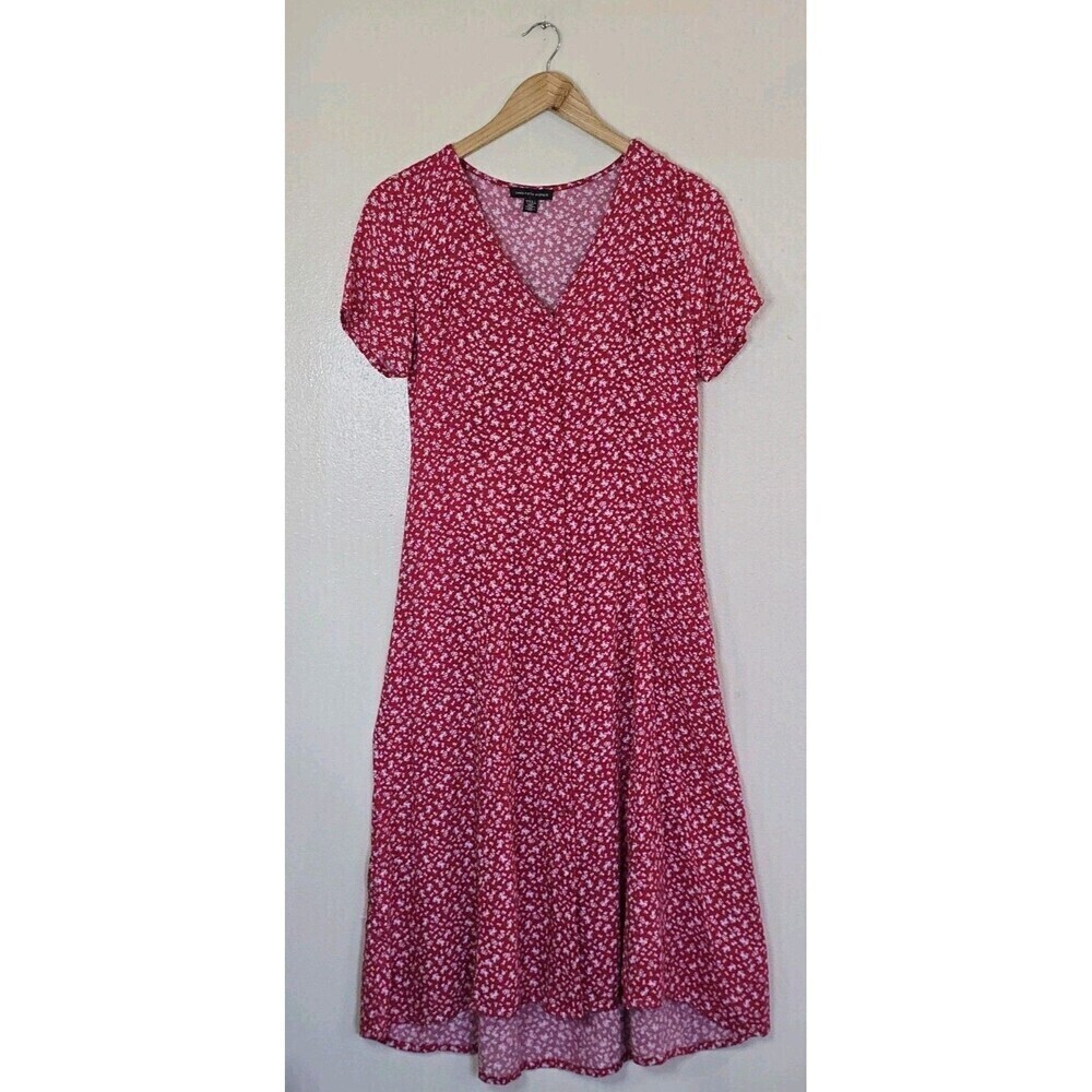 Saks Fifth Avenue Red Ditsy Floral Midi Dress V Neck Tie Back Boho Size 2 - Picture 2 of 12